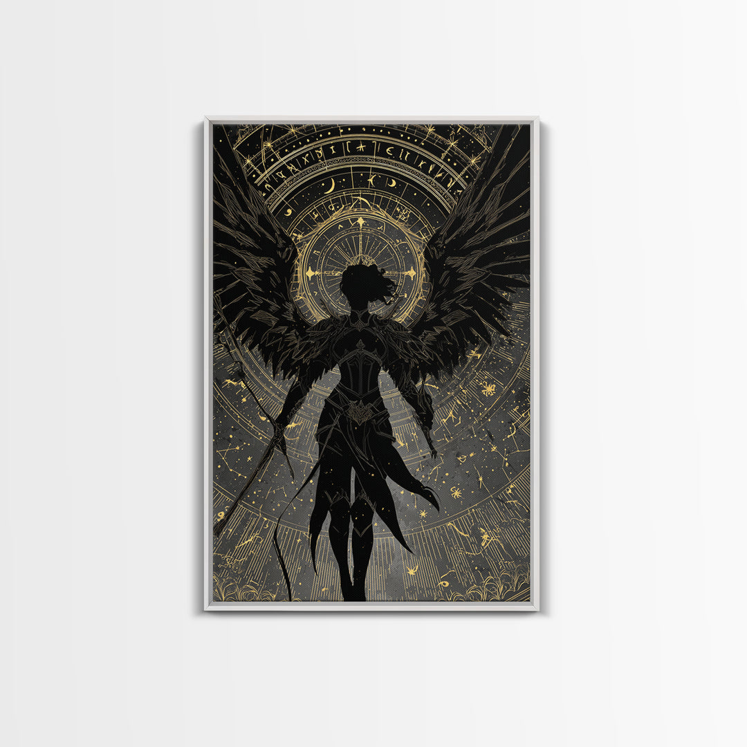 Celestial Archer Gold Canvas Art, Angel With Wings Canvas Print, Real Wood Frame Wall Décor, Divine Warrior Fantasy Artwork