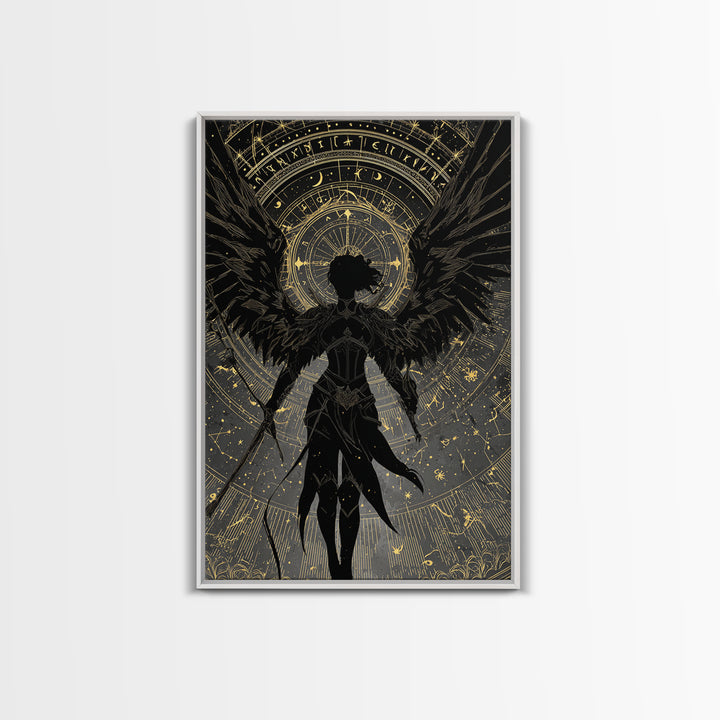 Celestial Archer Gold Canvas Art, Angel With Wings Canvas Print, Real Wood Frame Wall Décor, Divine Warrior Fantasy Artwork