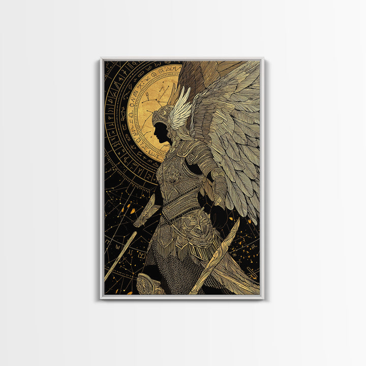 Divine Protector Gold Canvas Print, Angelic Warrior Art On Canvas, Real Wood Frame Wall Décor, Celestial Mythology Artwork