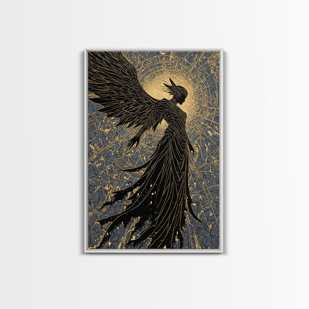 Radiant Angel Gold Canvas Art, Celestial Winged Guardian Canvas Print, Real Wood Frame Wall Décor, Mythology Fantasy Artwork