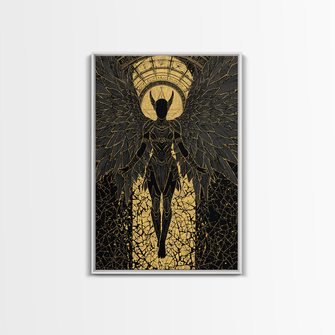 Ascendant Angel Gold Canvas Print, Winged Warrior Art On Canvas, Real Wood Frame Wall Décor, Celestial Divine Statement Artwork