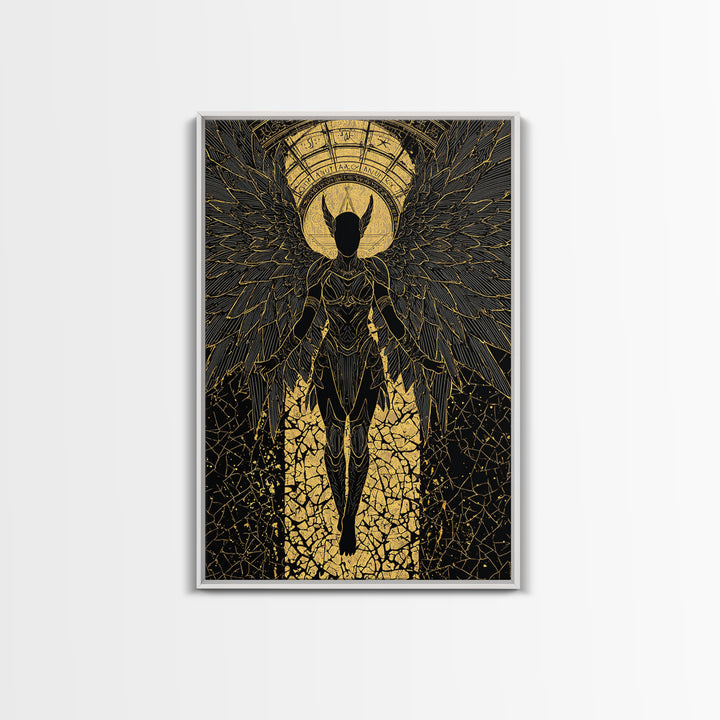 Ascendant Angel Gold Canvas Print, Winged Warrior Art On Canvas, Real Wood Frame Wall Décor, Celestial Divine Statement Artwork
