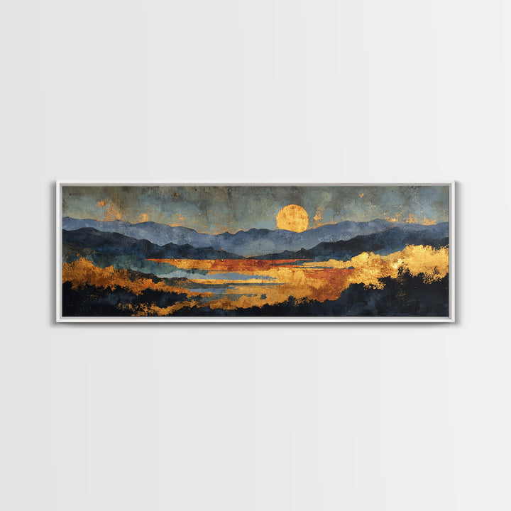 Sunset Over Mountains Gold Canvas Print, Abstract Mountain Landscape Wall Art, Modern Nature Artwork With Real Wood Frame