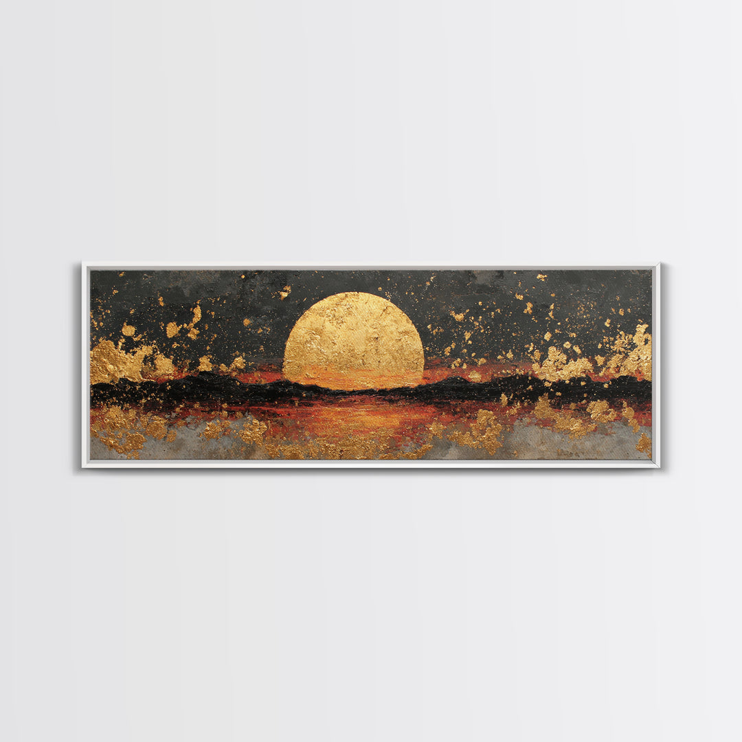Golden Horizon Gold Canvas Print, Textured Sunset Wall Art, Abstract Sun Over Water Artwork With Real Wood Frame