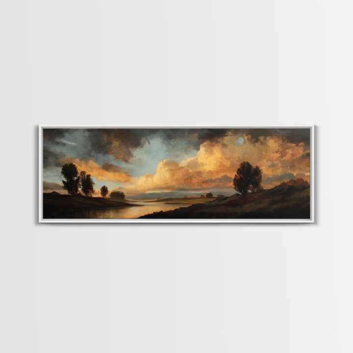 Dramatic Sky Gold Canvas Print, Cloudy Sunset River Landscape Wall Art, Atmospheric Nature Artwork With Real Wood Frame