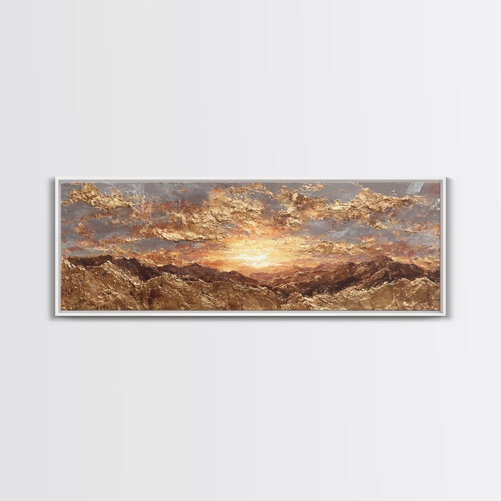 Sunlit Peaks Gold Canvas Print, Golden Mountain Sunrise Wall Art, Abstract Nature Landscape Artwork With Real Wood Frame