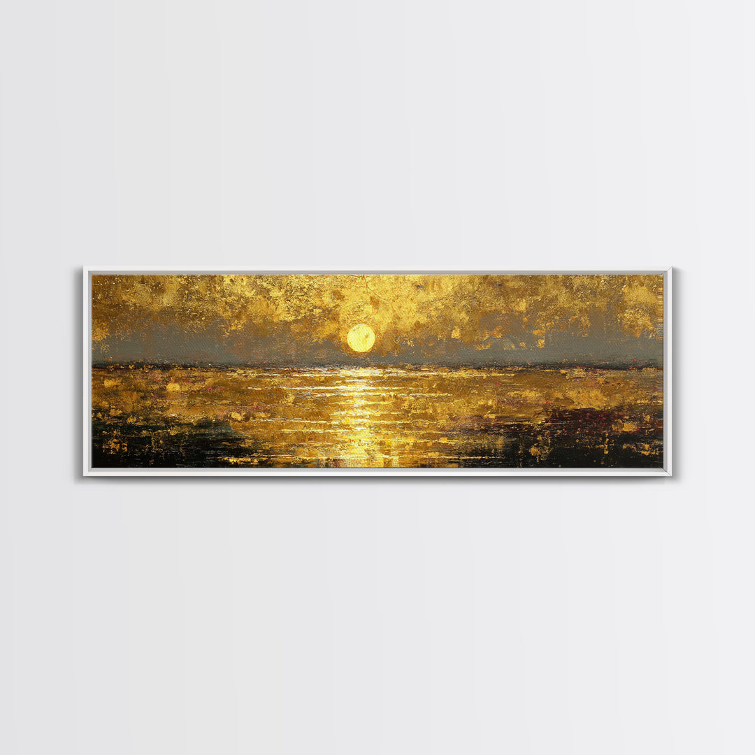 Radiant Reflection Gold Canvas Print, Golden Sun Over Water Wall Art, Shimmering Seascape Artwork With Real Wood Frame