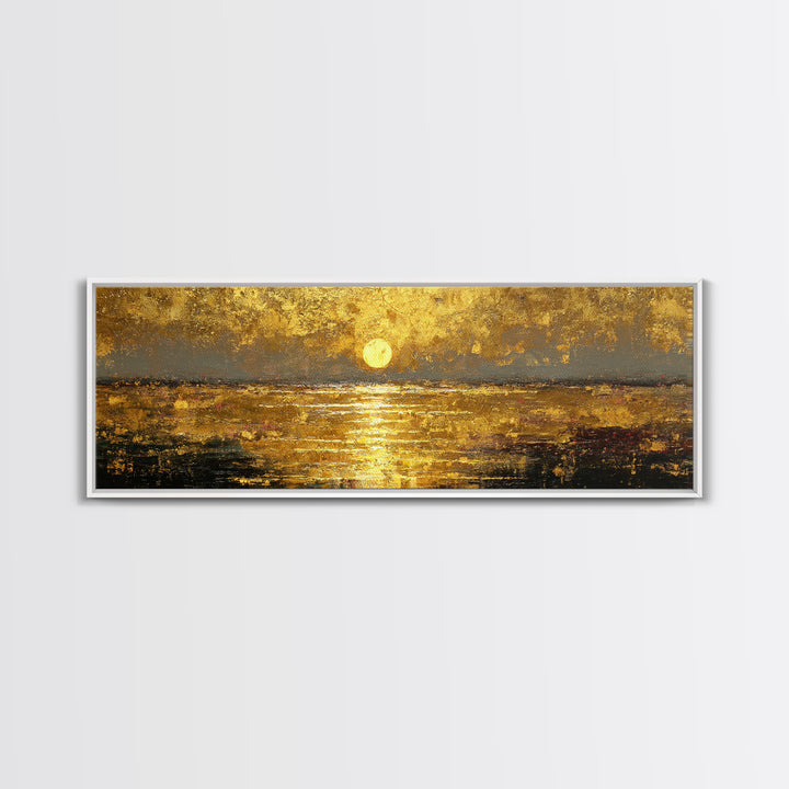 Radiant Reflection Gold Canvas Print, Golden Sun Over Water Wall Art, Shimmering Seascape Artwork With Real Wood Frame