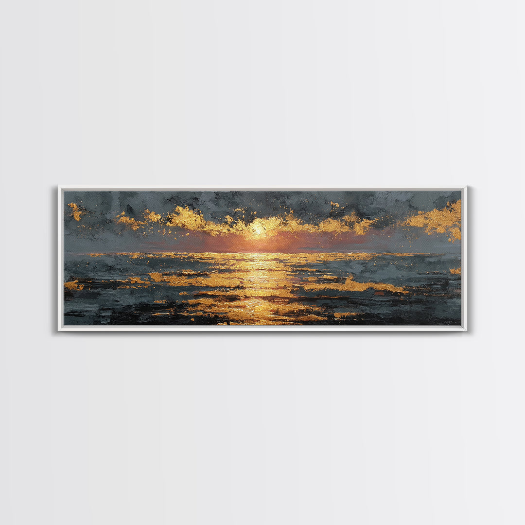 Ocean Sunset Gold Canvas Print, Glowing Sun Over Waves Wall Art, Modern Coastal Seascape Artwork With Real Wood Frame