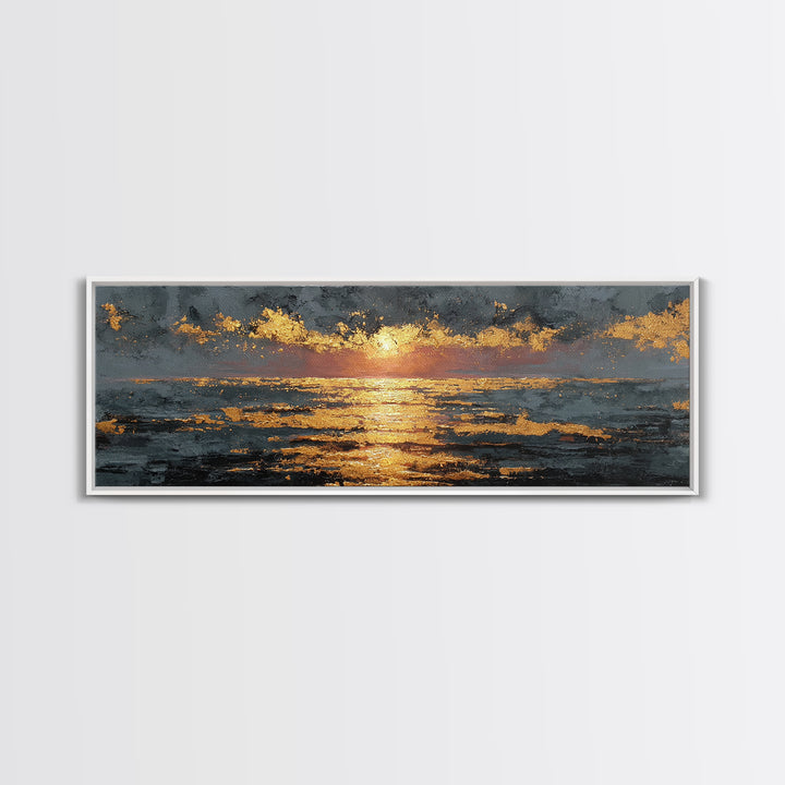 Ocean Sunset Gold Canvas Print, Glowing Sun Over Waves Wall Art, Modern Coastal Seascape Artwork With Real Wood Frame