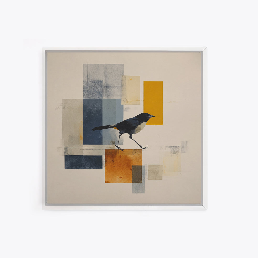 Small Black Bird Crossing White Space Framed Canvas Print, Minimalist Art, Large Wall Art, Living Room Decor, Fine Art, Minimal, MIN-1x1-7
