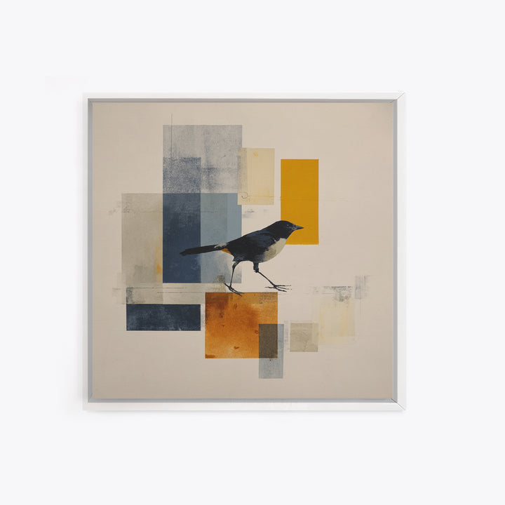 Small Black Bird Crossing White Space Framed Canvas Print, Minimalist Art, Large Wall Art, Living Room Decor, Fine Art, Minimal, MIN-1x1-7