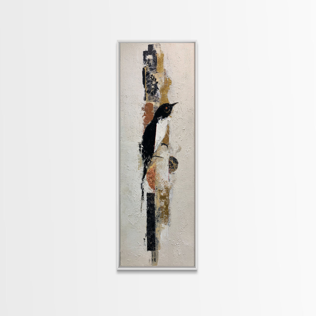Small Black Bird Crossing White Space Framed Canvas Print, Minimalist Art, Boho Decor, Living Room Decor, Oil Painting, Minimal, MIN-1x3-91