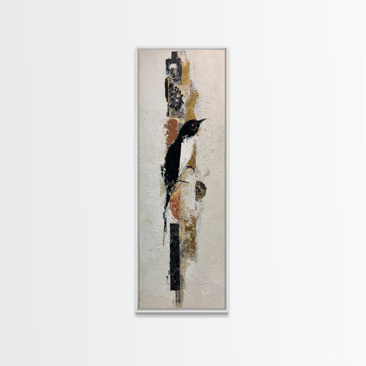 Small Black Bird Crossing White Space Framed Canvas Print, Minimalist Art, Boho Decor, Living Room Decor, Oil Painting, Minimal, MIN-1x3-91