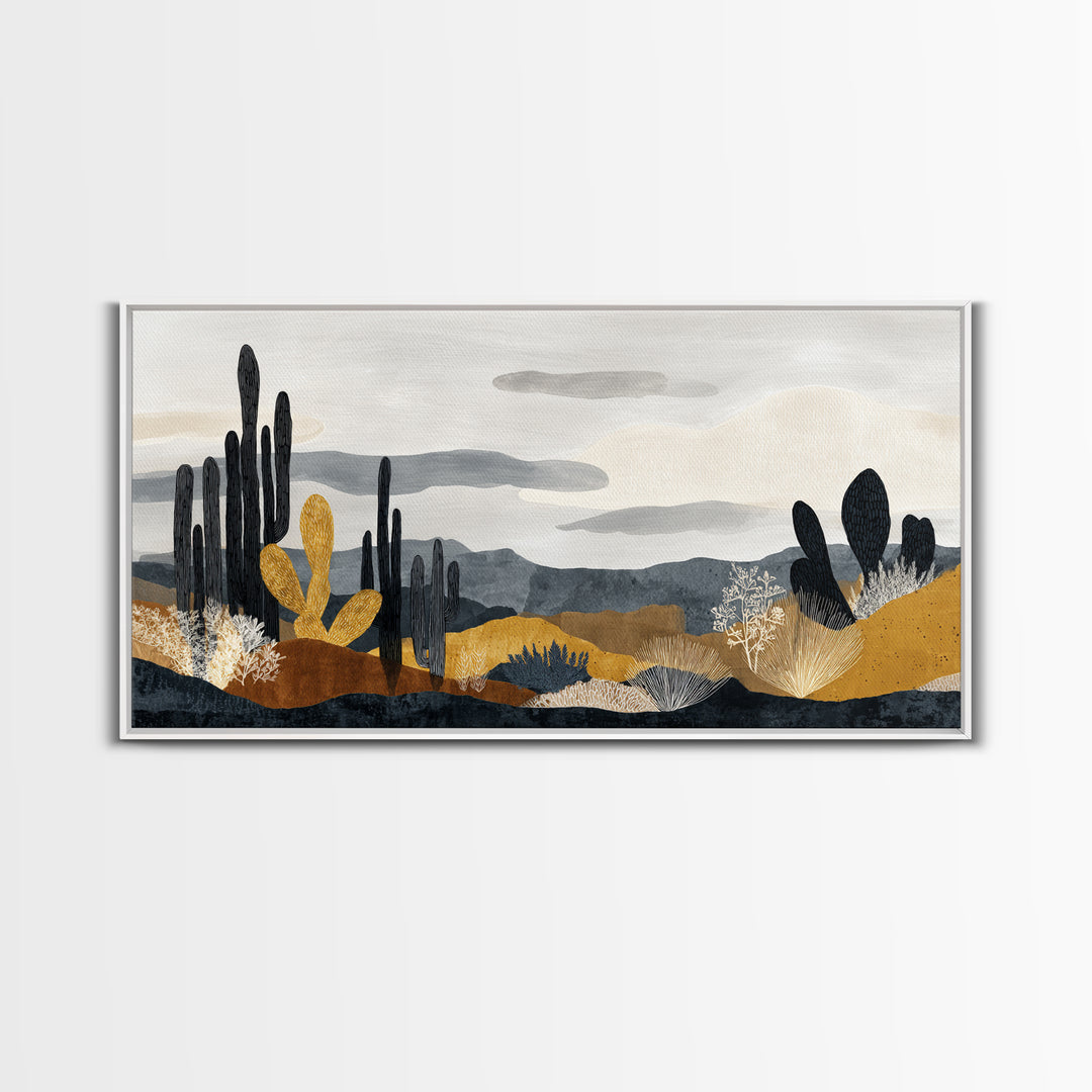 Black and White Cactus Silhouette Framed Canvas Print, Minimalist Art, Fine Art Print, Living Room Decor, Fine Art, Minimal, MIN-2x1-16