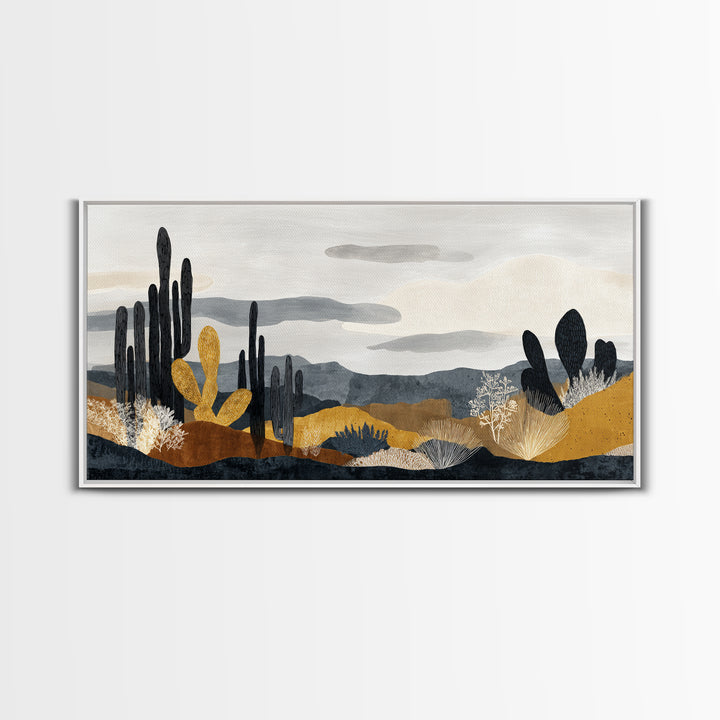 Black and White Cactus Silhouette Framed Canvas Print, Minimalist Art, Fine Art Print, Living Room Decor, Fine Art, Minimal, MIN-2x1-16