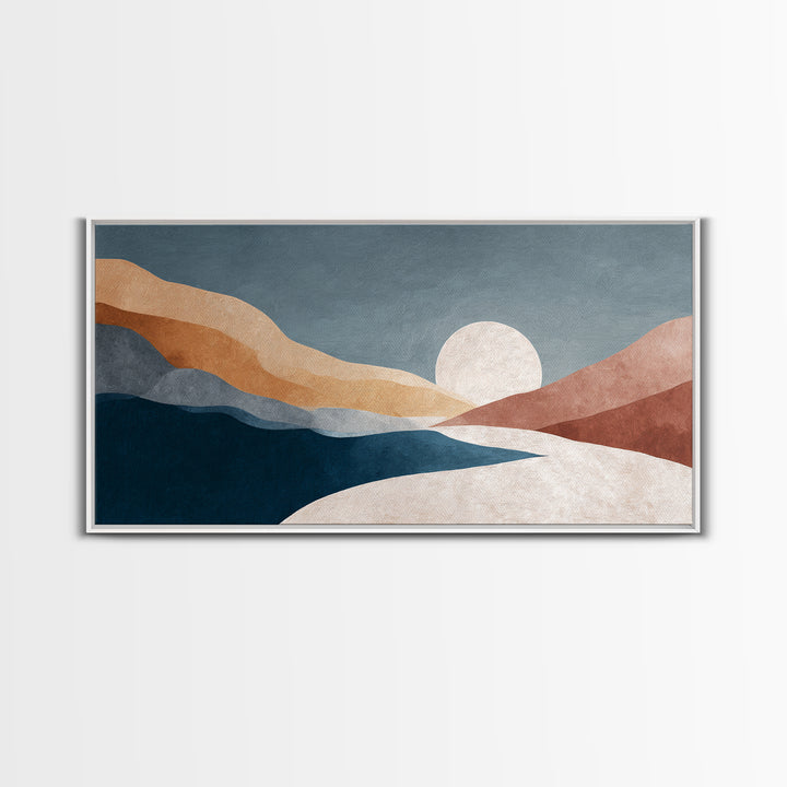 Minimal Moon over a Pale Ocean Framed Canvas Print, Minimalist Art, Printable Wall Art, Living Room Decor, Fine Art, Minimal, MIN-2x1-29