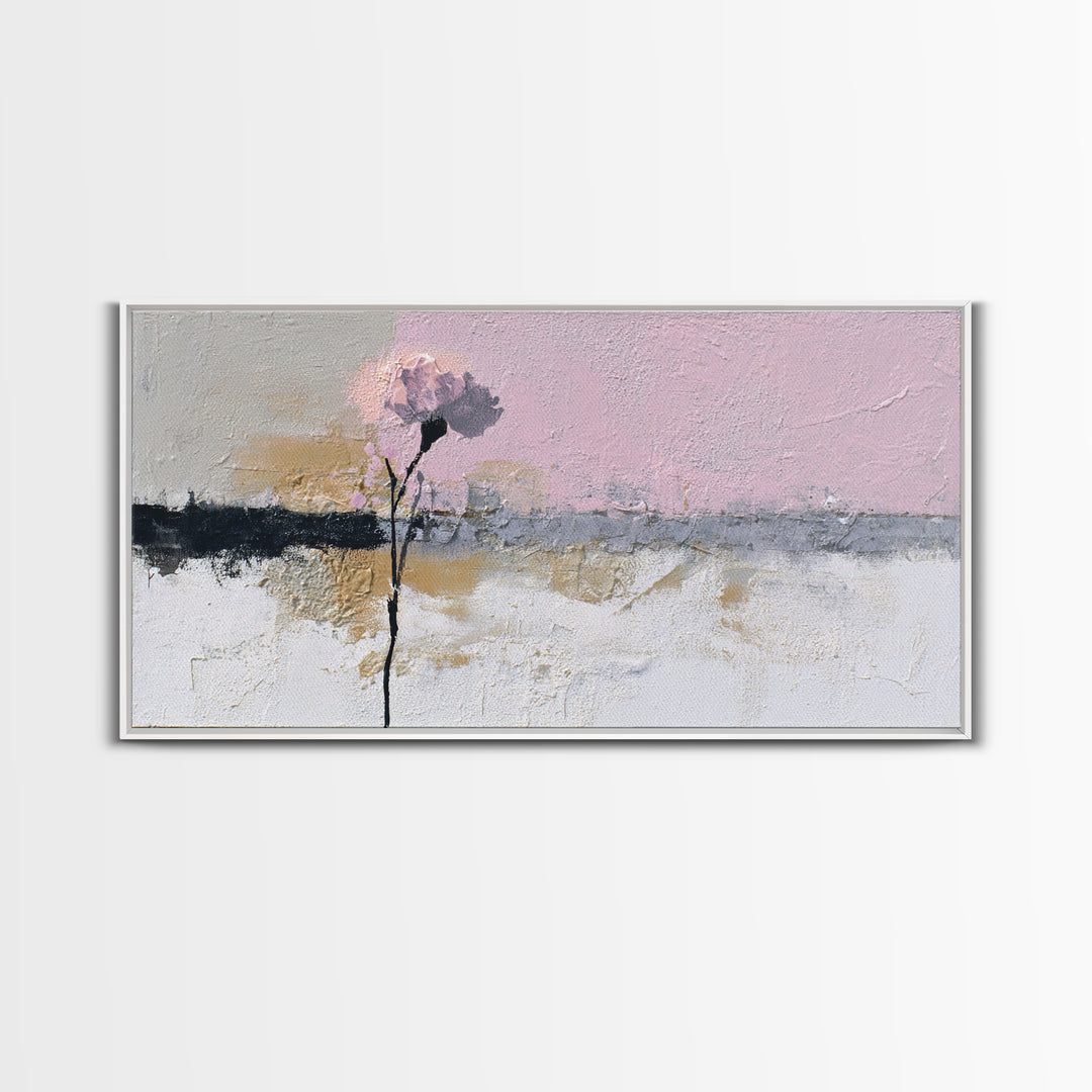Single Flower Stem Framed Canvas Print, Minimalist Art, Black Art, Living Room Decor, Oil Painting, Minimal, MIN-2x1-80