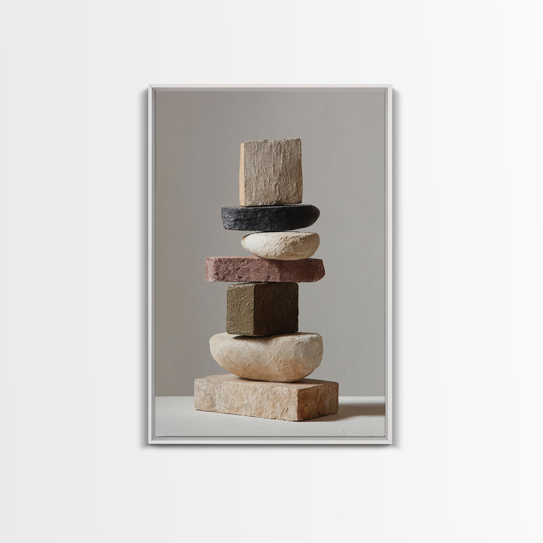 Quiet Stone Stack Framed Canvas Print, Minimalist Art, Digital Wall Art, Living Room Decor, Abstract Art, Minimal, MIN-2x3-43