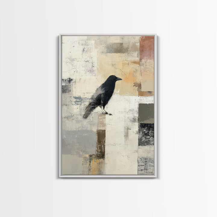 Small Black Bird Crossing White Space Framed Canvas Print, Minimalist Art, Abstract Painting, Living Room Decor, Minimal, MIN-2x3-87