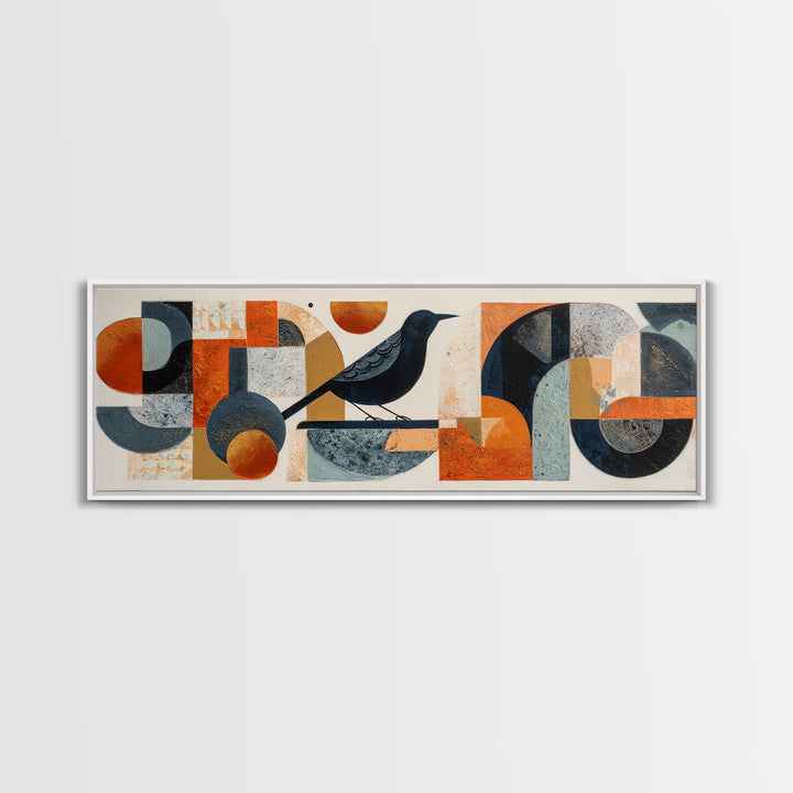 Small Black Bird Crossing White Space Framed Canvas Print, Minimalist Art, Room Decor, Living Room Decor, Fine Art, Minimal, MIN-3x1-23