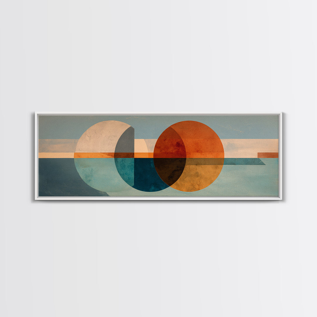 Minimal Moon over a Pale Ocean Framed Canvas Print, Minimalist Art, Neutral Decor, Living Room Decor, Oil Painting, Minimal, MIN-3x1-73