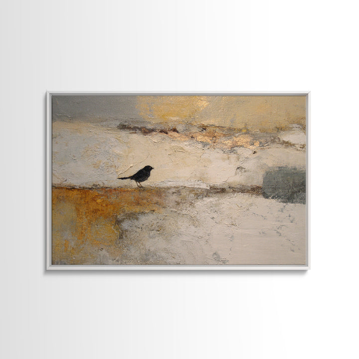 Small Black Bird Crossing White Space Framed Canvas Print, Minimalist Art, Room Decor, Living Room Decor, Fine Art, Minimal, MIN-3x2-35