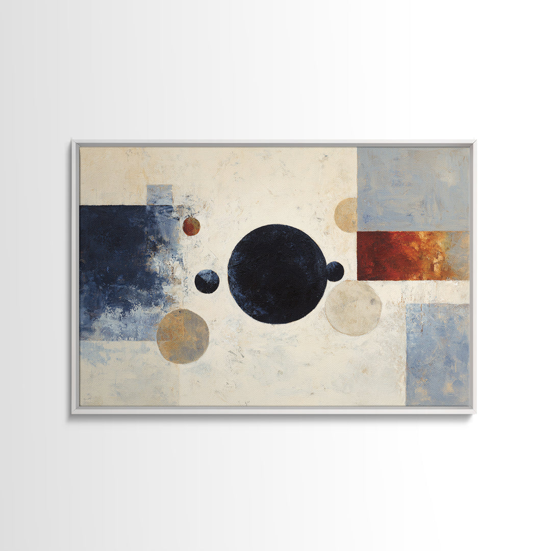 Single Black Circle on Warm Ivory Ground Framed Canvas Print, Minimalist Art, Abstract Painting, Living Room Decor, Minimal, MIN-3x2-5