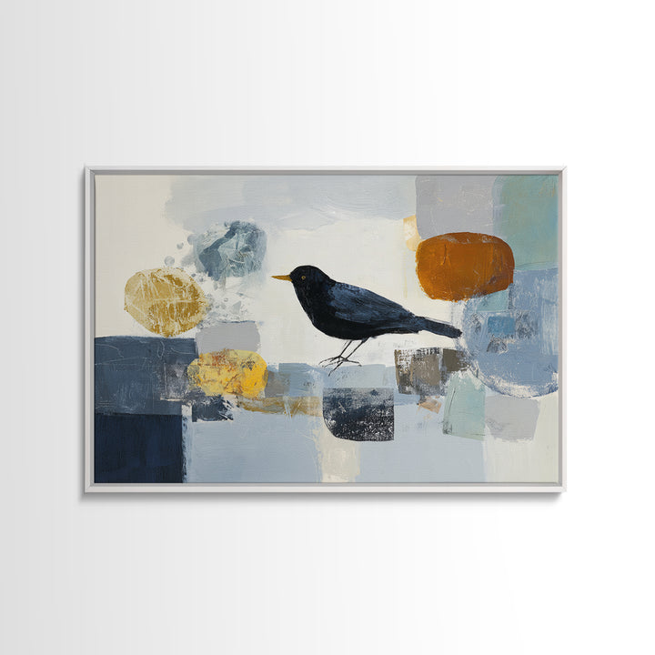 Small Black Bird Crossing White Space Canvas Print, Minimalist Art, Large Wall Art, Living Room Decor, Fine Art, Minimal, MIN-3x2-83