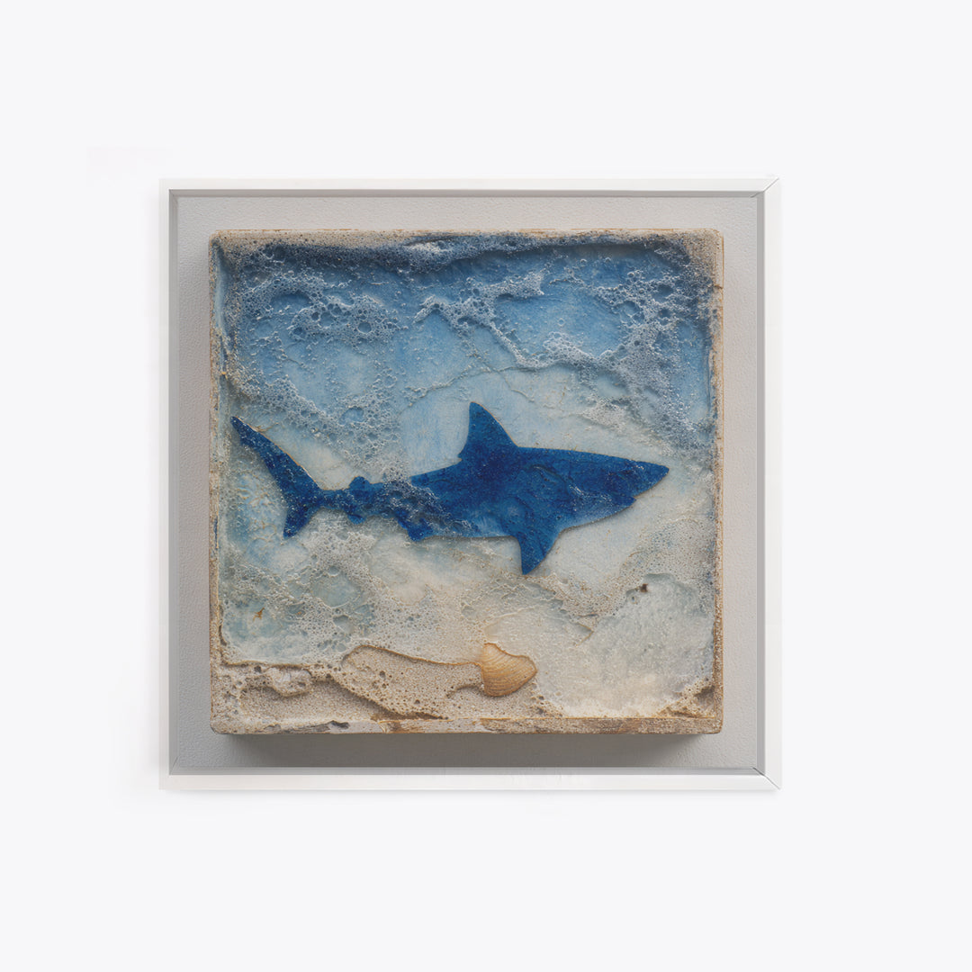 Shark Silhouette in Deep Blue Light Framed Canvas Print, Marine Life Art, Coastal Wall Art, Living Room Decor, Fine Art, Marine, MLA-1x1-12