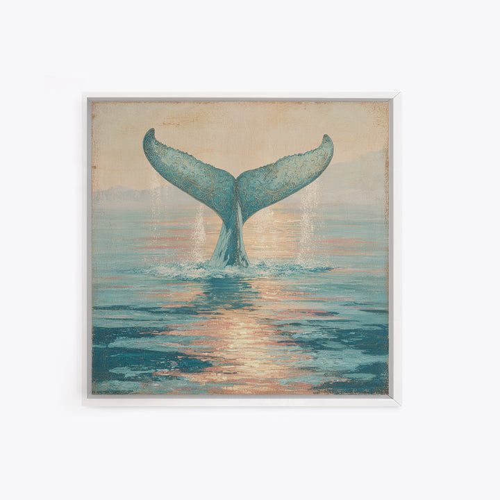 Whale Tail Rising from Misty Ocean Framed Canvas Print, Marine Life Art, Ocean Art, Living Room Decor, Oil Painting, Marine, MLA-1x1-2