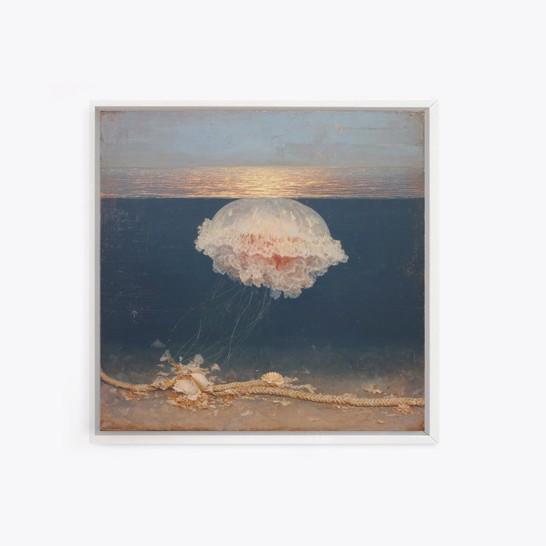 Jellyfish Floating in Luminous Dark Water Canvas Print, Marine Life Art, Fish Art, Living Room Decor, Oil Painting, Marine, MLA-1x1-30