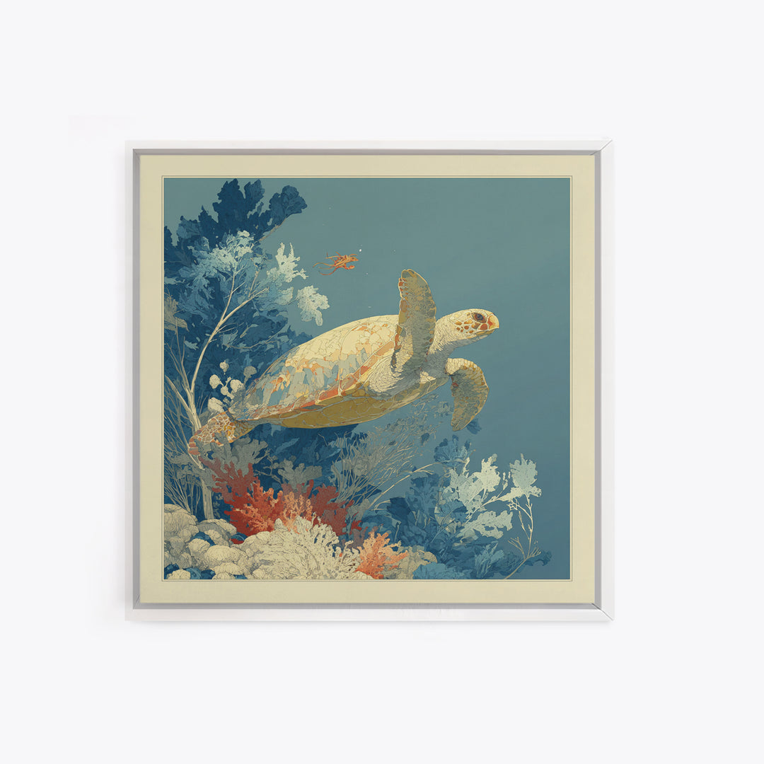 Bioluminescent Plankton Around Swimming Turtle Framed Canvas Print, Marine Life Art, Wall Art, Living Room Decor, Marine, MLA-1x1-48