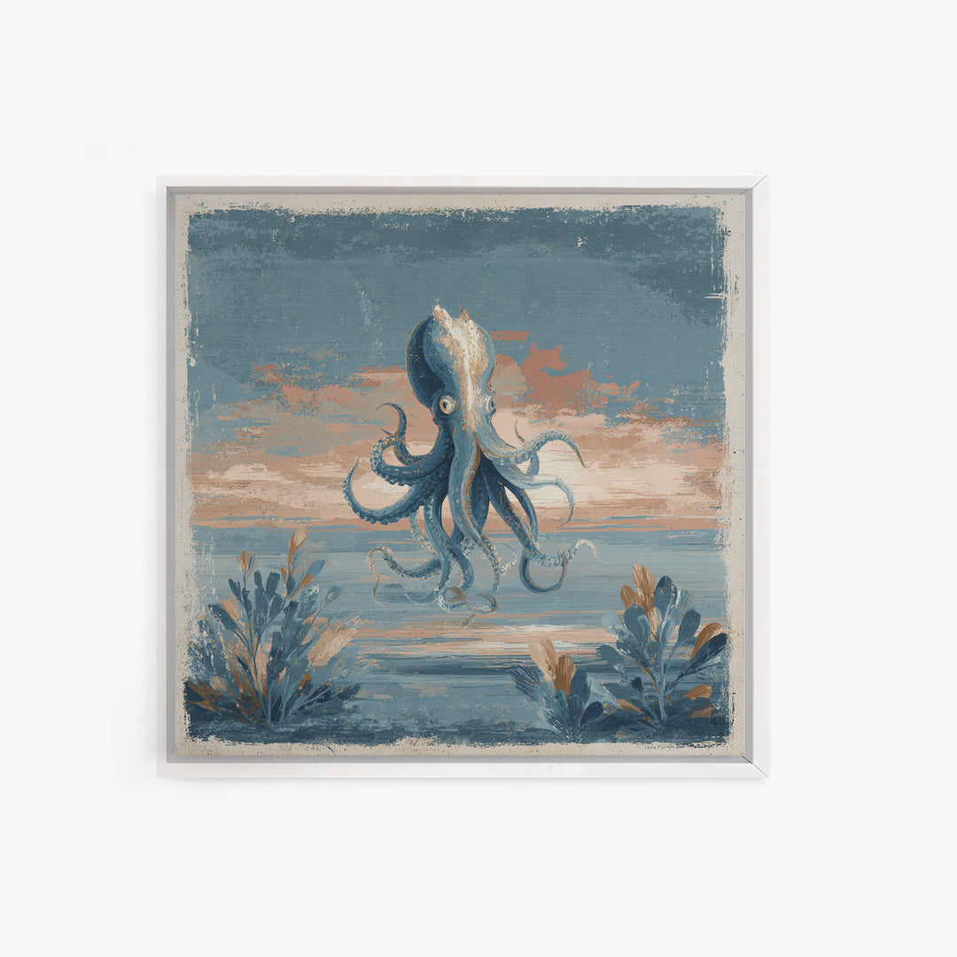 Squid in a Mysterious Midnight Sea Framed Canvas Print, Marine Life Art, Ocean Painting, Living Room Decor, Fine Art, Marine, MLA-1x1-67