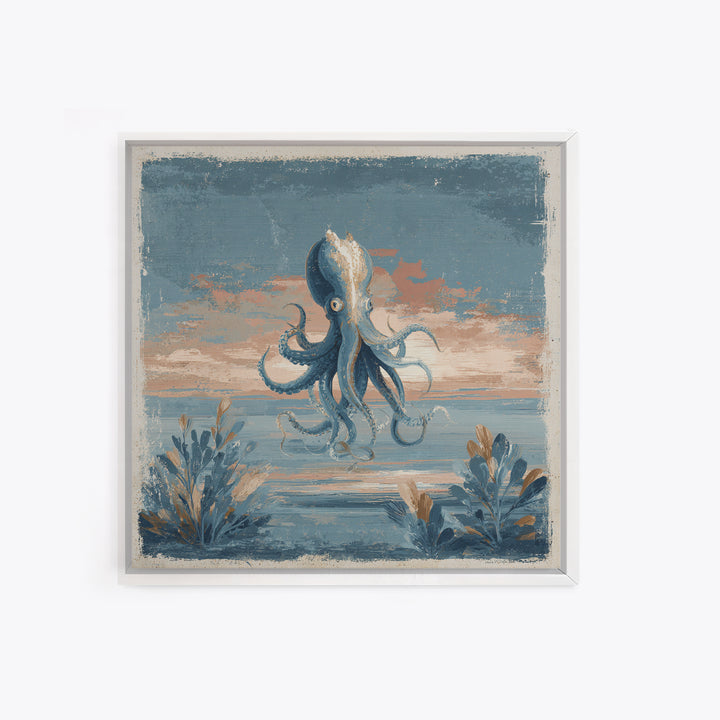 Squid in a Mysterious Midnight Sea Framed Canvas Print, Marine Life Art, Ocean Painting, Living Room Decor, Fine Art, Marine, MLA-1x1-67