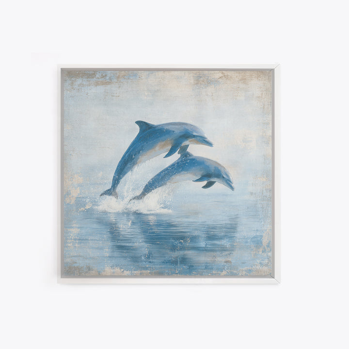 Dolphins Leaping Through Sunlit Waves Framed Canvas Print, Marine Life Art, Coastal Art, Living Room Decor, Fine Art, Marine, MLA-1x1-7