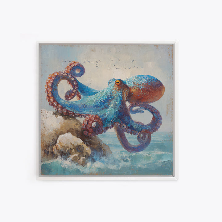 Octopus Curling Around Coral Canvas Print, Marine Life Art, Handmade Art, Living Room Decor, Fine Art, Marine, MLA-1x1-75
