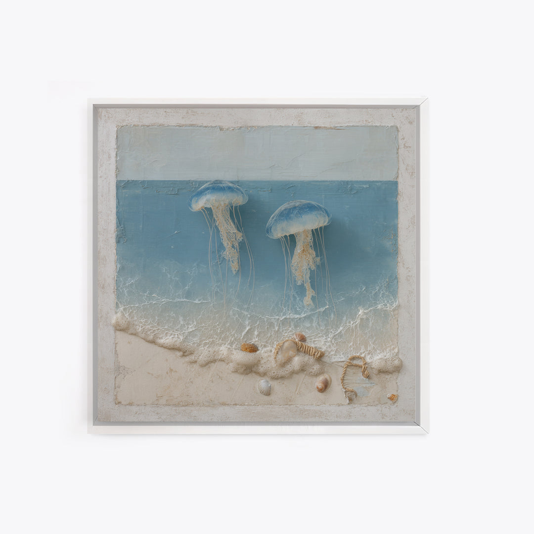 Jellyfish Floating in Luminous Dark Water Framed Canvas Print, Marine Life Art, Pastel Wall Art, Living Room Decor, Marine, MLA-1x1-78
