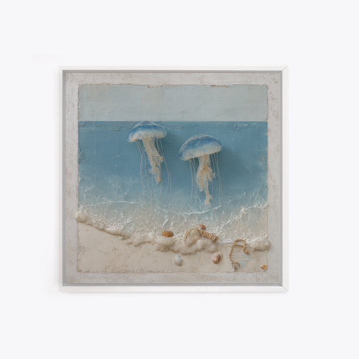 Jellyfish Floating in Luminous Dark Water Framed Canvas Print, Marine Life Art, Pastel Wall Art, Living Room Decor, Marine, MLA-1x1-78