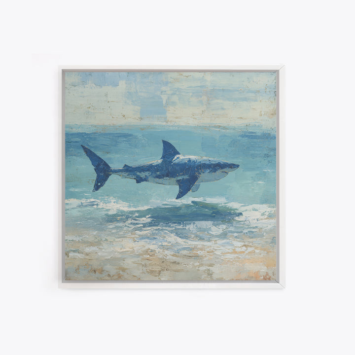 Shark Silhouette in Deep Blue Light Framed Canvas Print, Marine Life Art, Tropical Wall Art, Living Room Decor, Abstract Art, MLA-1x1-84