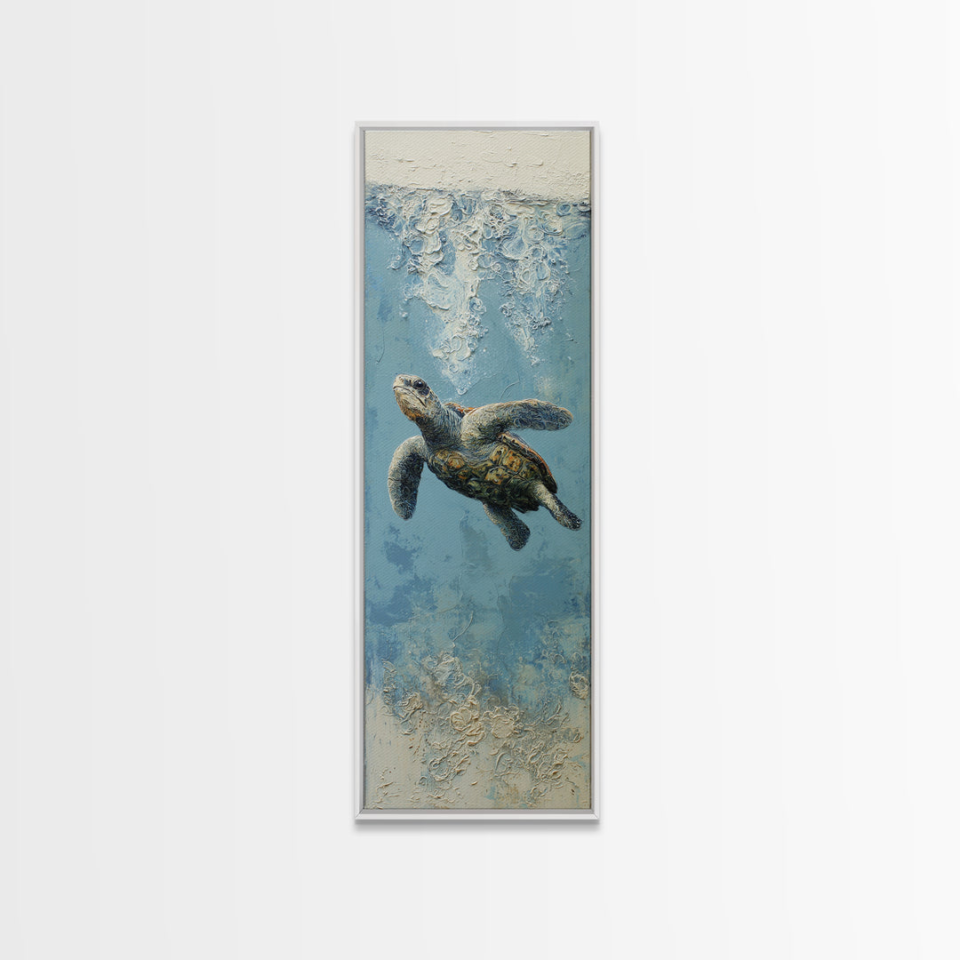 Bioluminescent Plankton Around Swimming Turtle Canvas Print, Marine Life Art, Fish Wall Art, Living Room Decor, Oil Painting, MLA-1x3-12