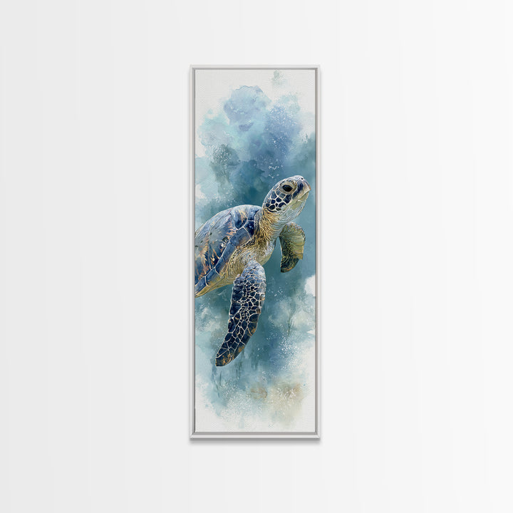 Sea Turtle Gliding Through Clear Blue Water Framed Canvas Print, Marine Life Art, Ocean Painting, Living Room Decor, Marine, MLA-1x3-61