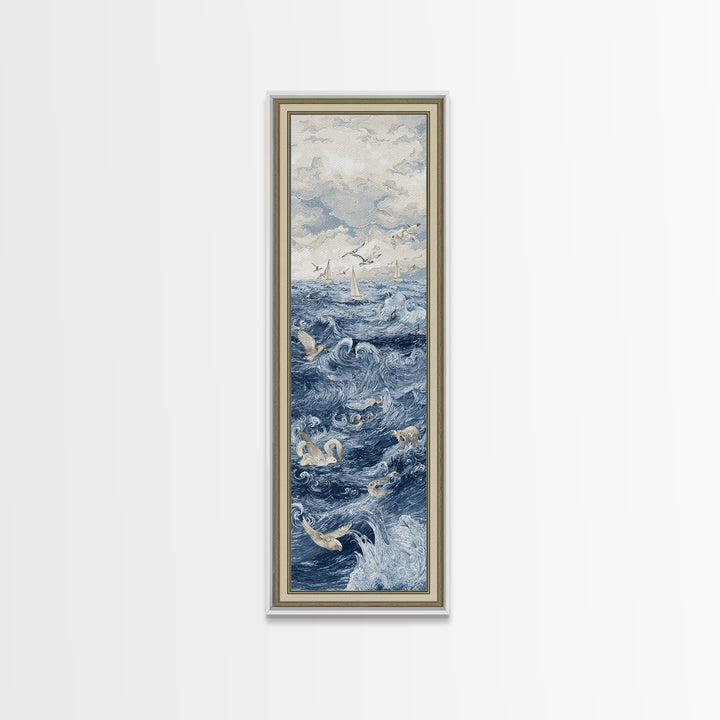 Squid in a Mysterious Midnight Sea Framed Canvas Print, Marine Life Art, Room Decor, Living Room Decor, Fine Art, Marine, MLA-1x3-79