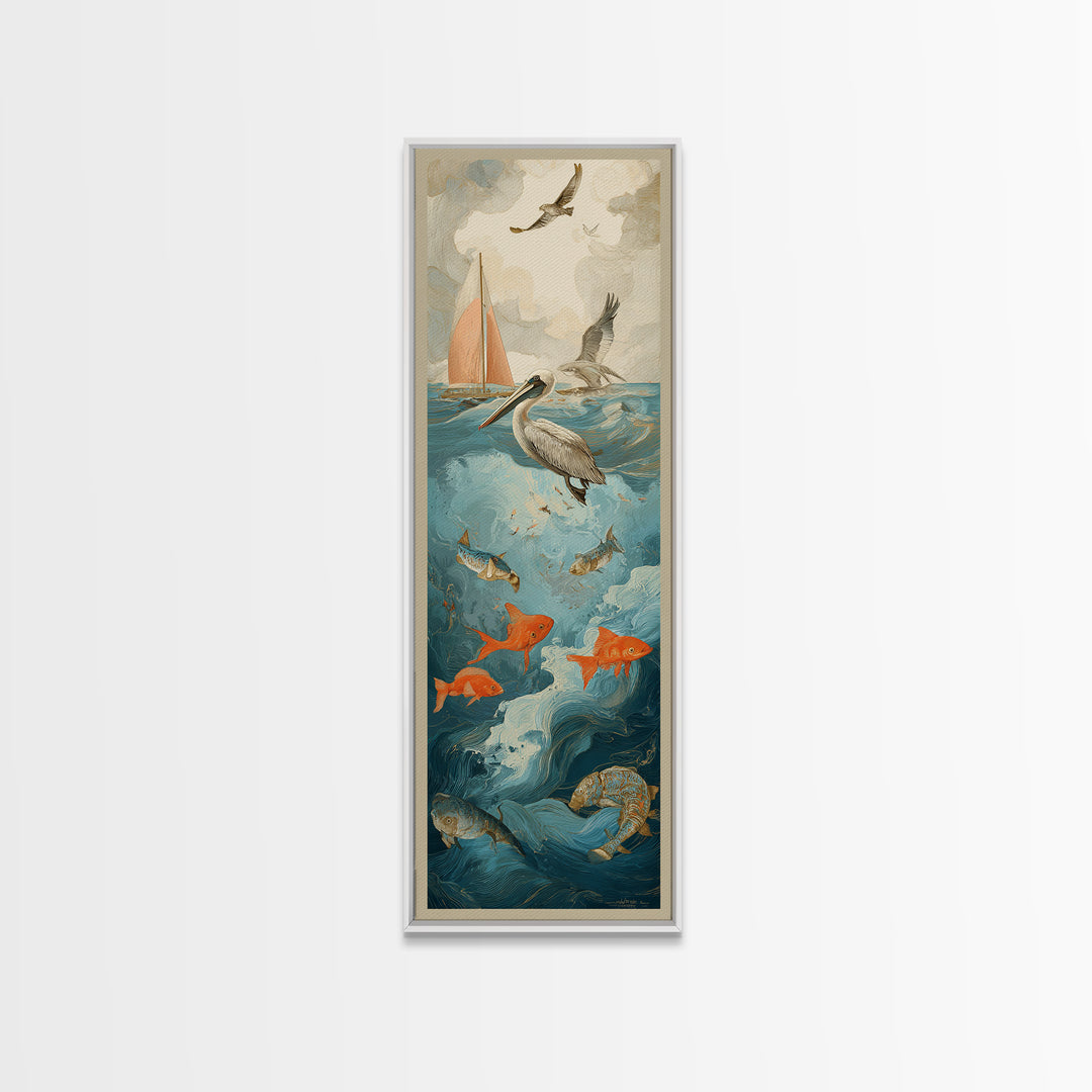 Pelican Diving Toward Fish Near Surface Framed Canvas Print, Marine Life Art, Textured Painting, Living Room Decor, Marine, MLA-1x3-83