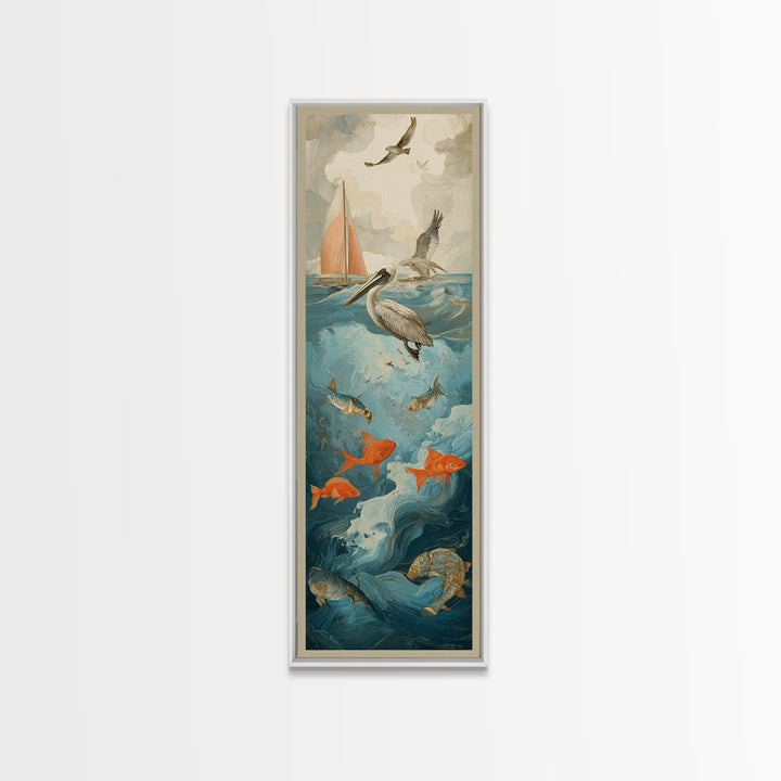 Pelican Diving Toward Fish Near Surface Framed Canvas Print, Marine Life Art, Textured Painting, Living Room Decor, Marine, MLA-1x3-83
