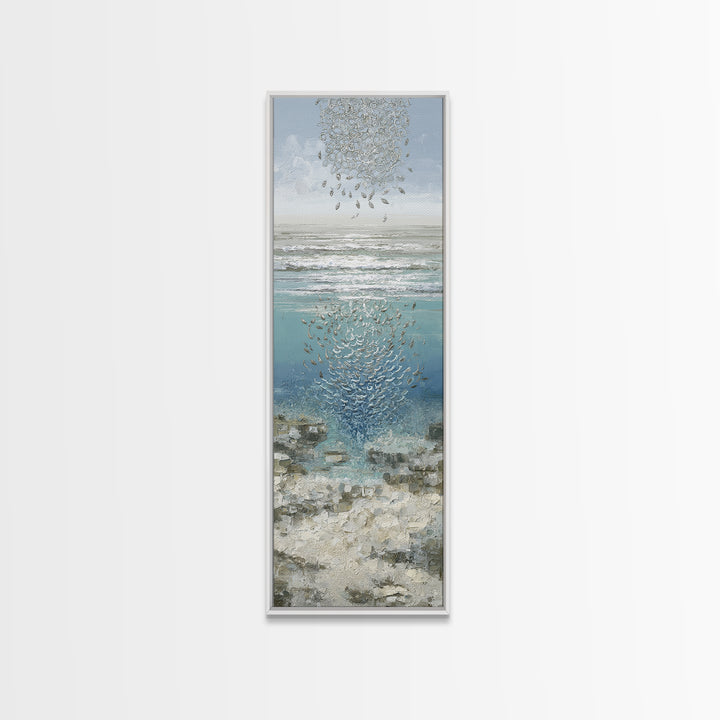 School of Fish Forming a Silver Spiral Canvas Print, Marine Life Art, Minimalist Decor, Living Room Decor, Fine Art, Marine, MLA-1x3-88