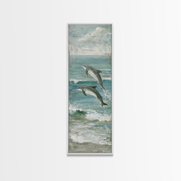 Dolphins Leaping Through Sunlit Waves Framed Canvas Print, Marine Life Art, Watercolor Art, Living Room Decor, Oil Painting, MLA-1x3-91