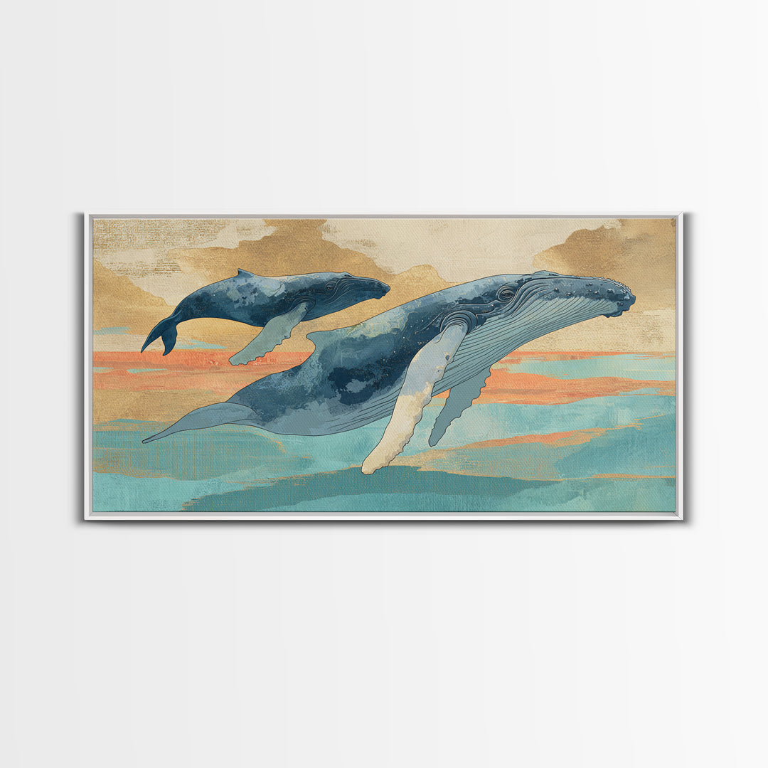 Humpback Whale and Calf Framed Canvas Print, Marine Life Art, Tropical Wall Art, Living Room Decor, Fine Art, Marine, MLA-2x1-14