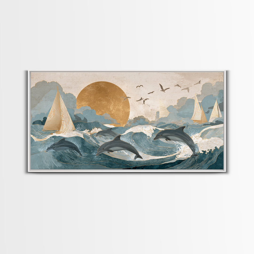 Dolphins Leaping Through Sunlit Waves Framed Canvas Print, Marine Life Art, Modern Art Print, Living Room Decor, Oil Painting, MLA-2x1-27