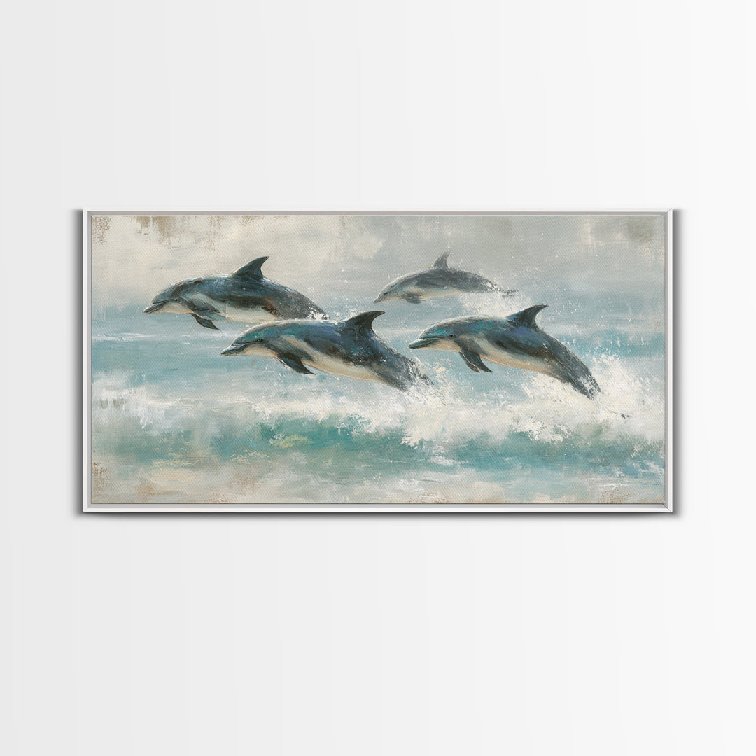 Dolphins Leaping Through Sunlit Waves Framed Canvas Print, Marine Life Art, Coastal Art, Living Room Decor, Fine Art, Marine, MLA-2x1-3